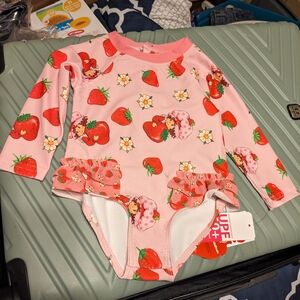 Strawberry Print Long Sleeve Girls' Swim Suit - Pink